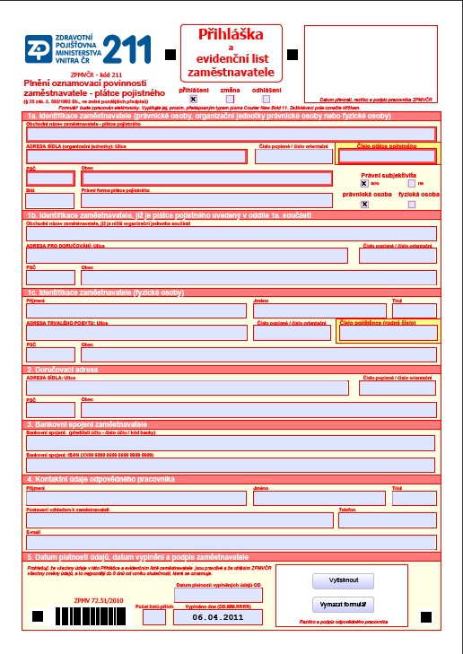 Formulář Přihláška a evidenční list zaměstnavatele